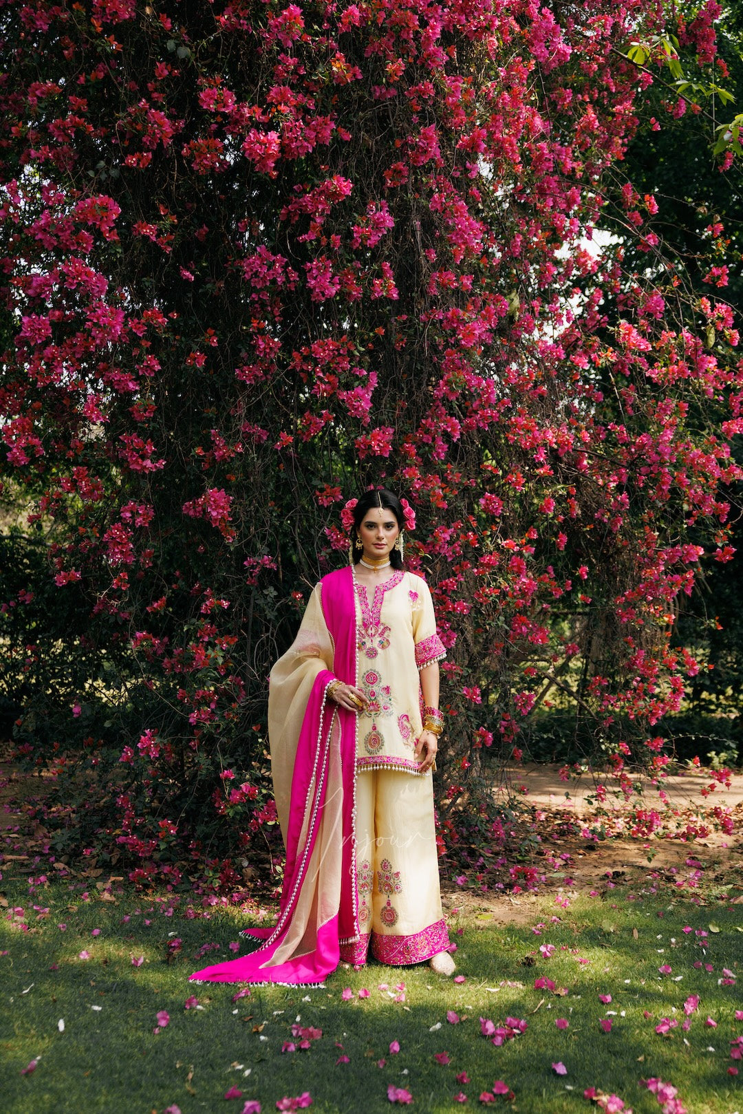 A woman stands outdoors in front of a large flowering tree with bright pink blossoms. She is wearing a cream-colored traditional outfit with pink border details and a vivid pink dupatta draped over one shoulder.