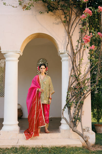 A woman stands in the center of a white arched doorway wearing a traditional outfit with a bright pink dupatta, a gold embroidered kurta, and a red skirt. Pink flowering vines climb along the right side of the structure.