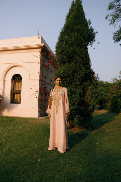 A woman stands on a grassy lawn wearing a long, light pink traditional dress with gold embroidery, posed in front of a pale pink building and a tall green tree.