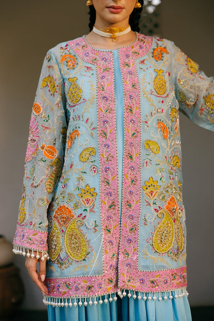 A light blue and pink embroidered traditional kurta with intricate multicolor floral and paisley motifs, worn by a model.