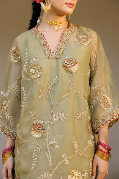 A close-up of a model wearing a sage green embroidered kurta with intricate gold, beige, and red floral patterns, styled with traditional jewelry.