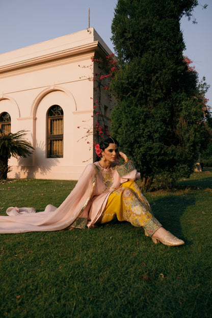 A woman wearing a traditional South Asian outfit sits on a green lawn in front of a cream-colored building. The outfit consists of a light pink dupatta and kurta paired with yellow trousers featuring intricate gold embroidery.