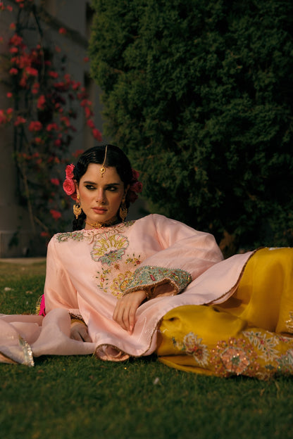 A woman reclines on grass outdoors wearing a light pink traditional outfit with colorful embroidered sleeves and a bright yellow skirt with matching embroidery. She has floral hair accessories and earrings, with a dark green hedge and flowering vines in the background.